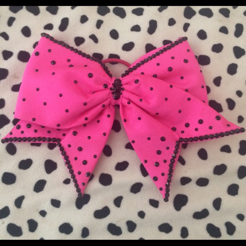 Pink Polka Dot Hair Bow with Black Bead Trim